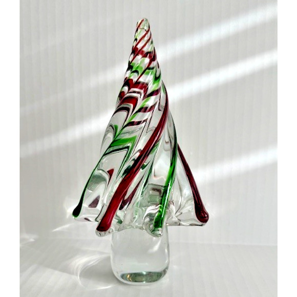 Blown Art Glass Christmas Tree ~ Clear Red & Green Swirl Twisted ~ 8” New - Picture 6 of 14